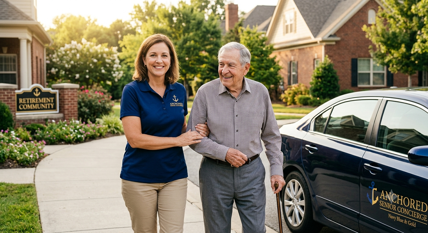 Anchored Senior Concierge companion walking with a senior client outside his home
