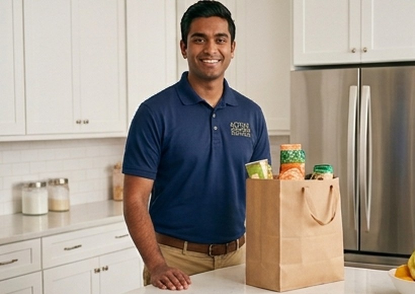Concierge team member delivering groceries in a client's kitchen