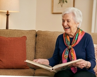 Senior client laughing while reading at home in Broward County