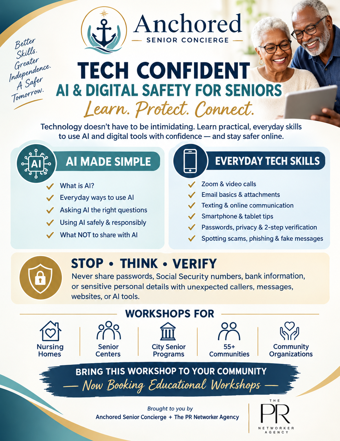 Tech Confident: AI and Digital Safety for Seniors workshop flyer by Anchored Senior Concierge and The PR Networker Agency